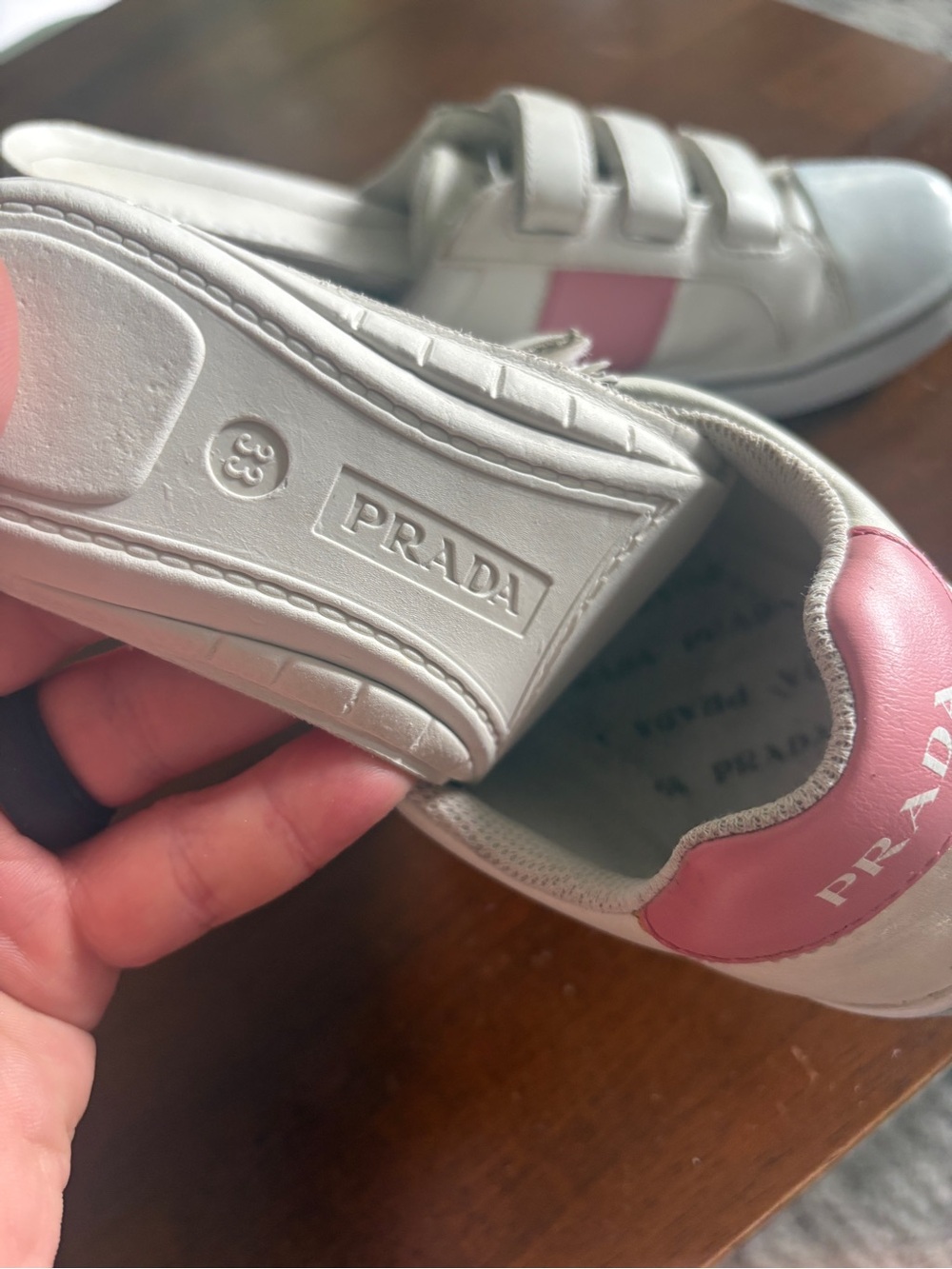 Prada Girls Pink Leather Logo Velcro Sneakers - Picture 5 of 16